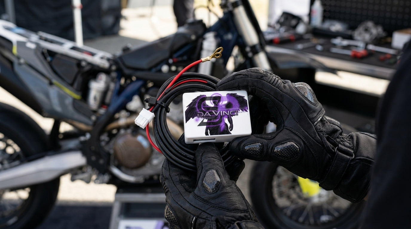 Centralina DaVinci Sondera tenuta in mano davanti a una moto in officina
